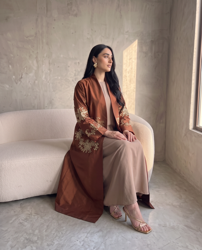 Embroidered Taffeta Copper Abaya with Mosaic Floral Detailing