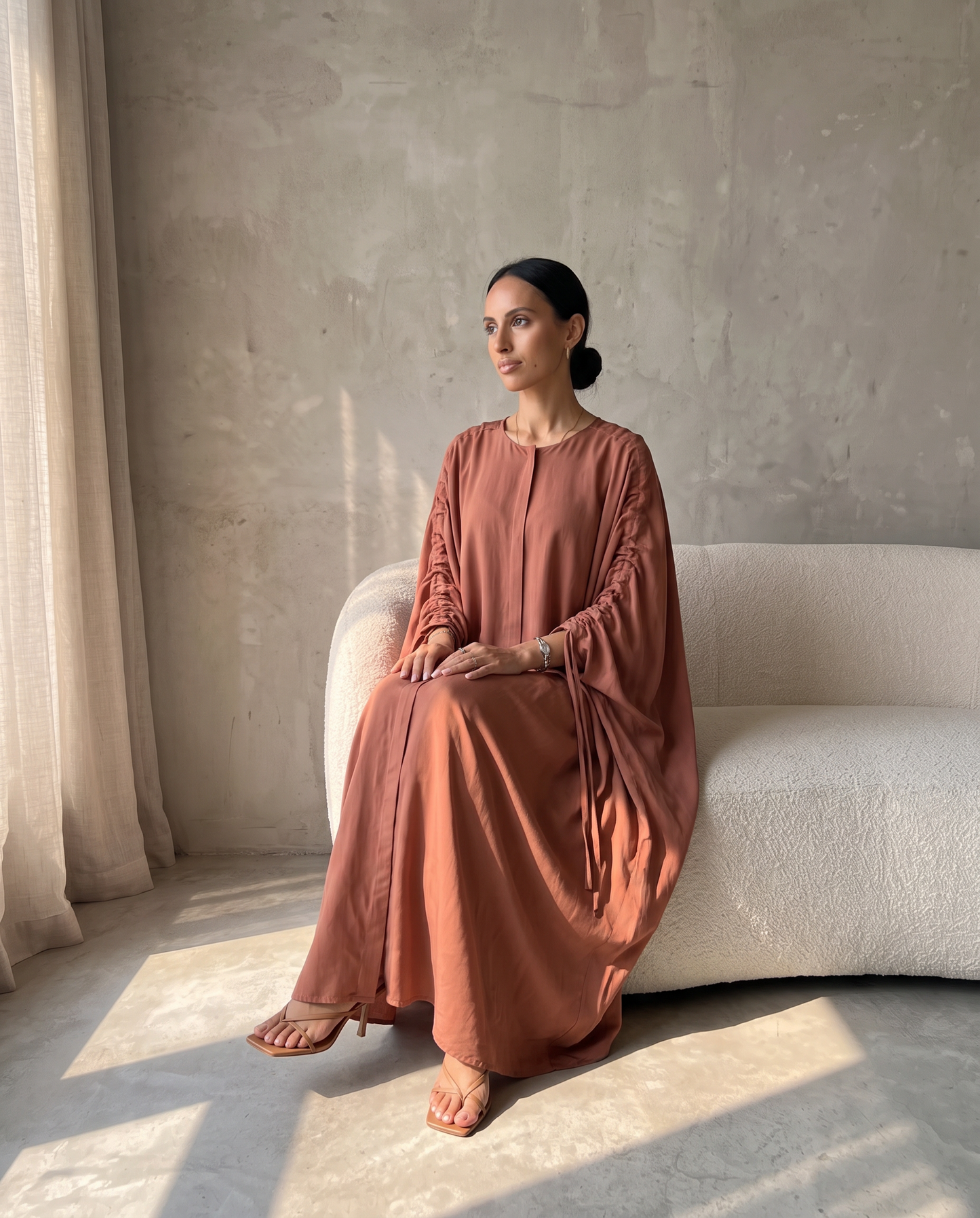 Soft Drape Close Abaya with Ruched Sleeves