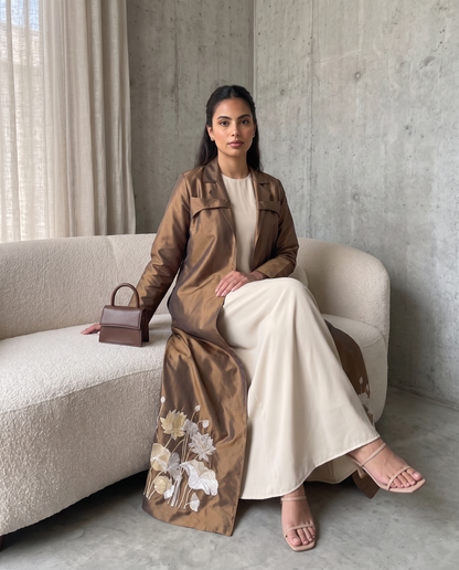 Bronze Taffeta Abaya with Hand-Embroidered Lotus Garden Hem