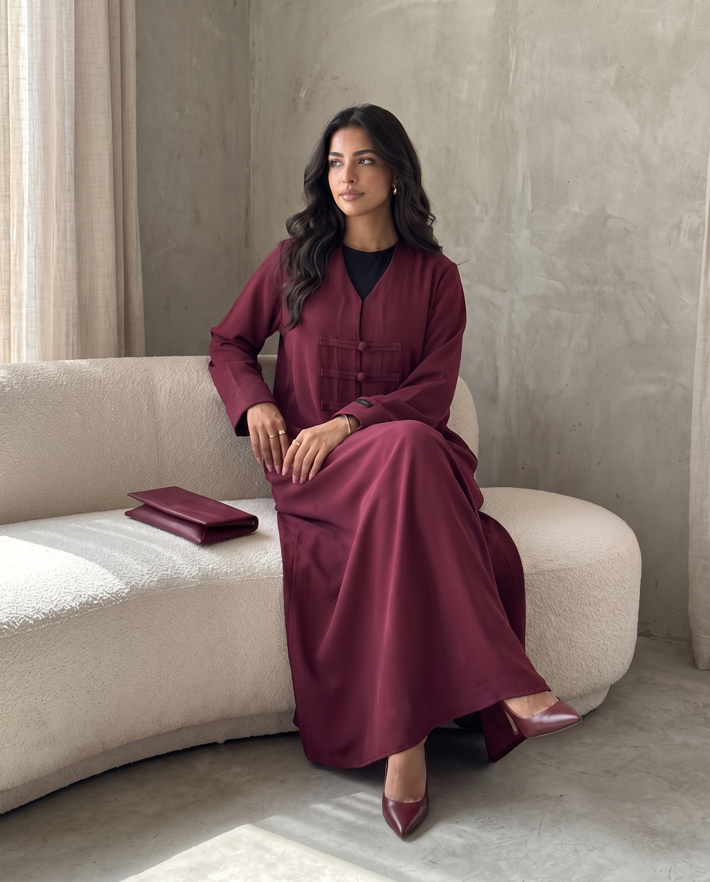 Elegant Maroon Abaya with Structured Front Panel Button Design