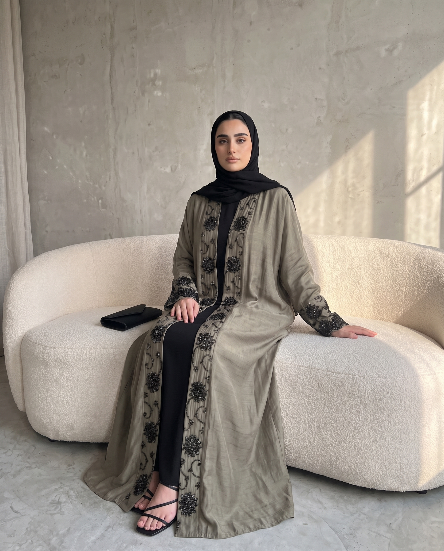 Premium Hand Beaded Floral Open Abaya