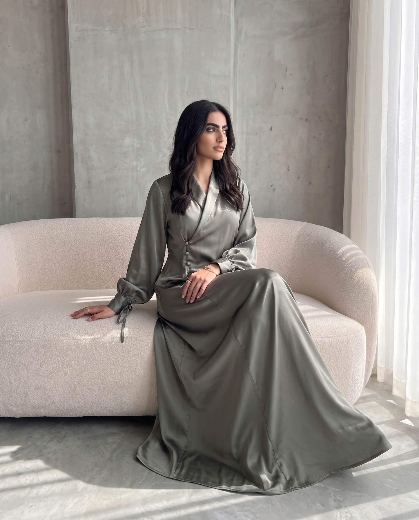 Premium Satin Wrap Gray Abaya with Side Buttons