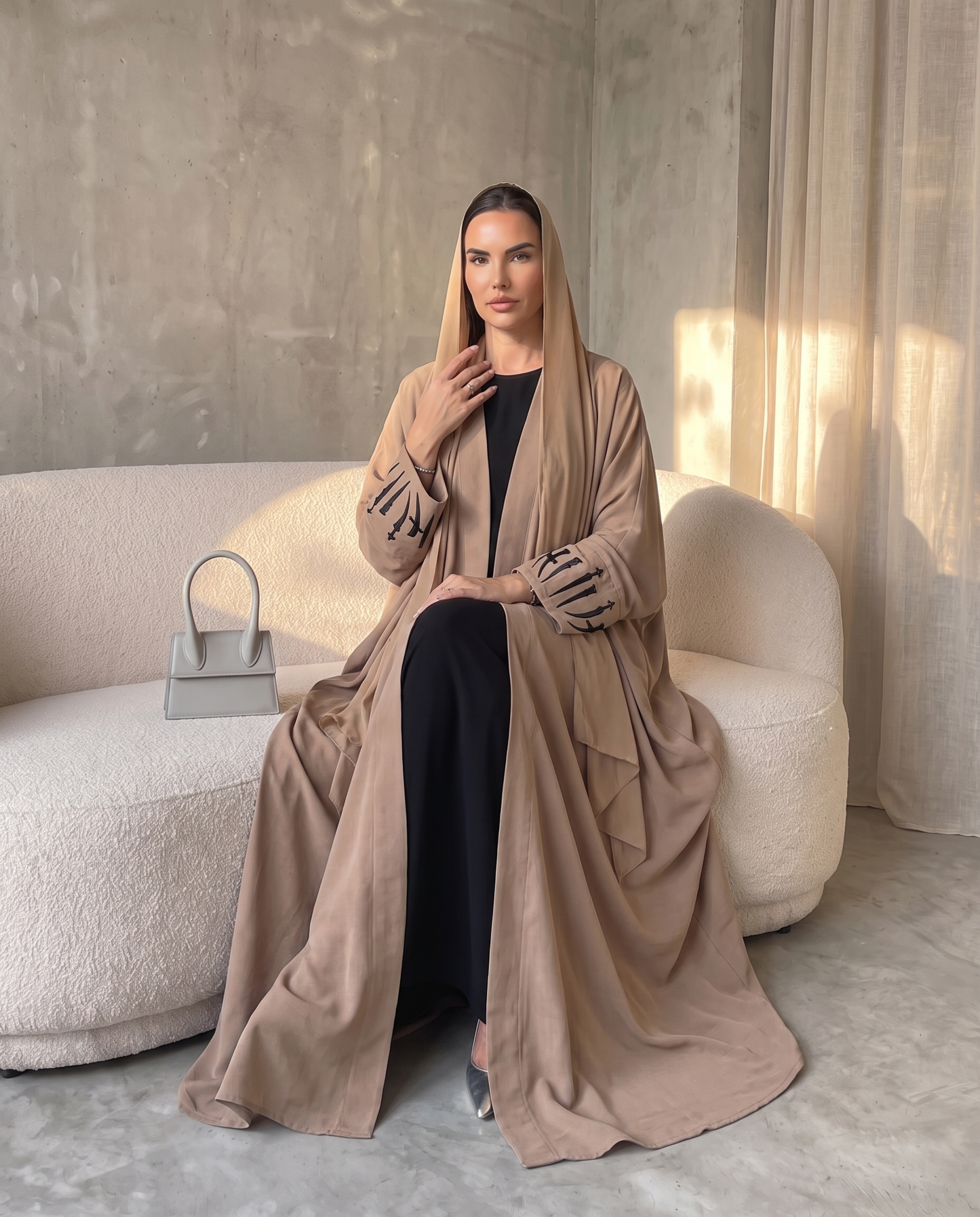 Premium Open Abaya with Metallic Sword Brown Embroidery Design