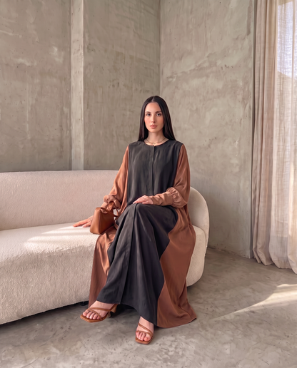 Minimal Hooded Open Abaya with Fluid Drape Terracotta and Relaxed Silhouette