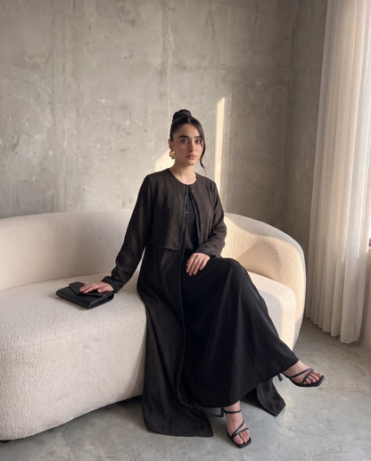 Textured Black Abaya with Cropped Overlay & Subtle Sparkle Trim