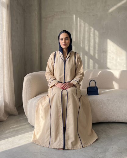 Beige Taffeta Abaya with Sculpted Royal-Blue Panel Piping