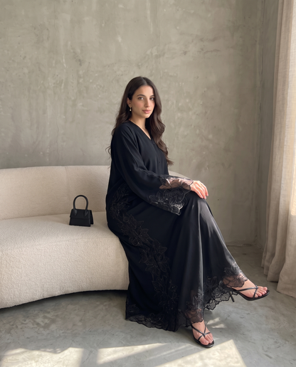 Premium Hand-Embroidered Lace Sleeve Abaya