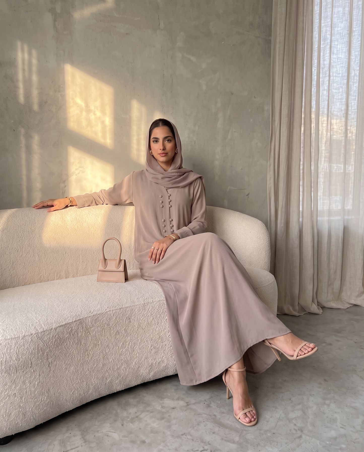 Soft Crepe Abaya Lavender Gray with Stylish Button Trims