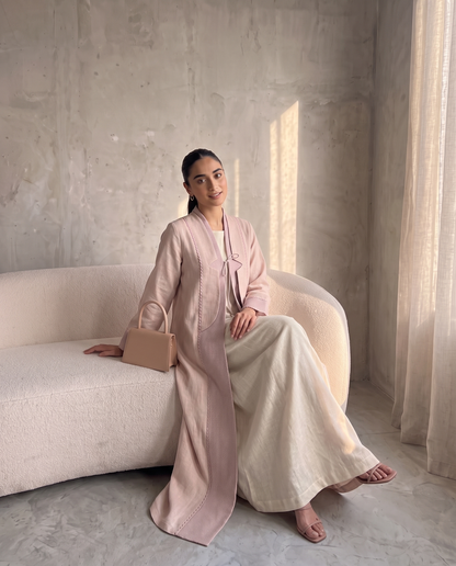 Blush Layered Tie-Front Abaya with Textured Panel