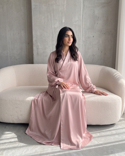 Premium Satin Wrap Pink Abaya with Side Buttons
