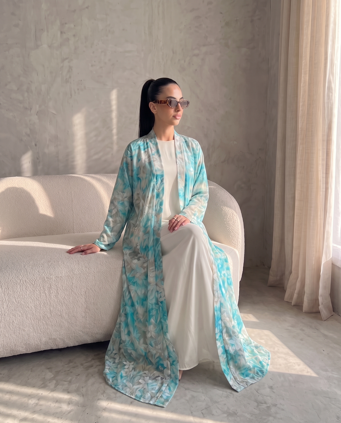 Aqua Garden Floral Printed Lightweight Open Abaya