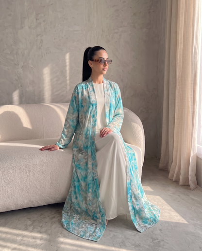 Aqua Garden Floral Printed Lightweight Open Abaya