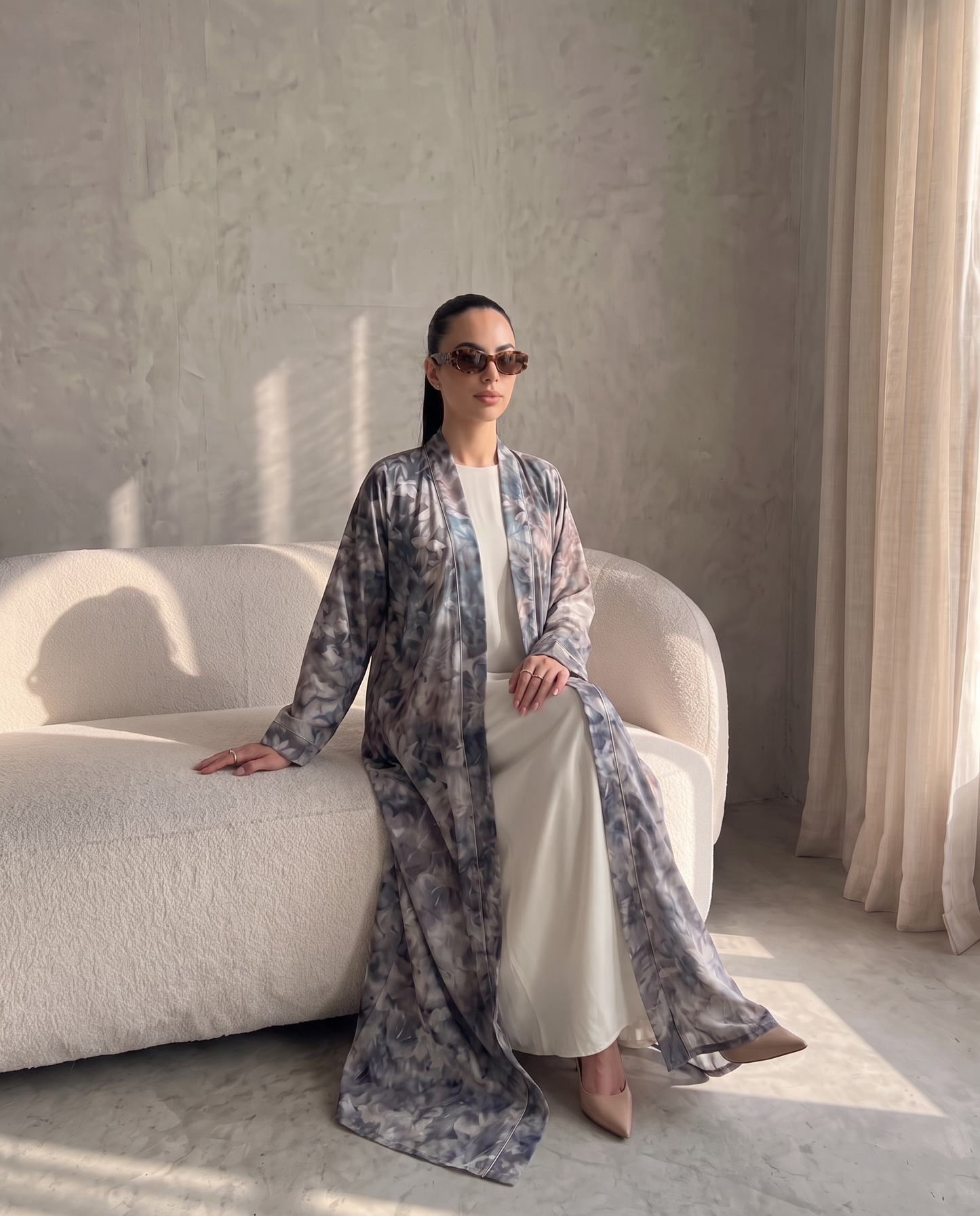 Gray Garden Floral Printed Lightweight Open Abaya