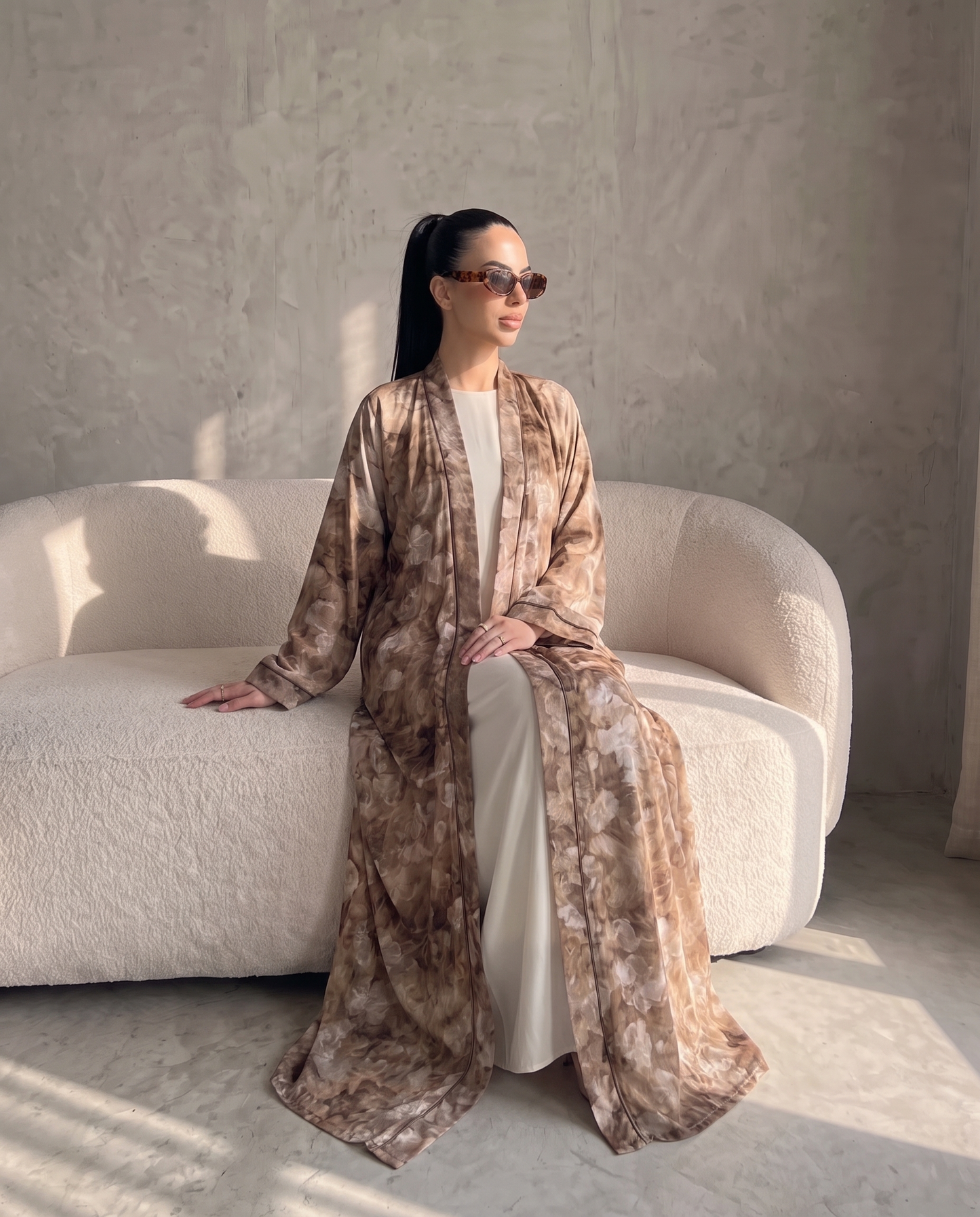 Brown Garden Floral Printed Lightweight Open Abaya