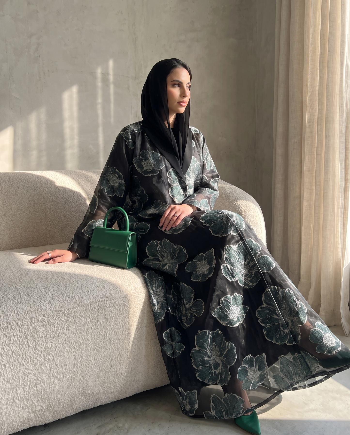 Floral Organza Open Abaya with Soft Tailored Collar