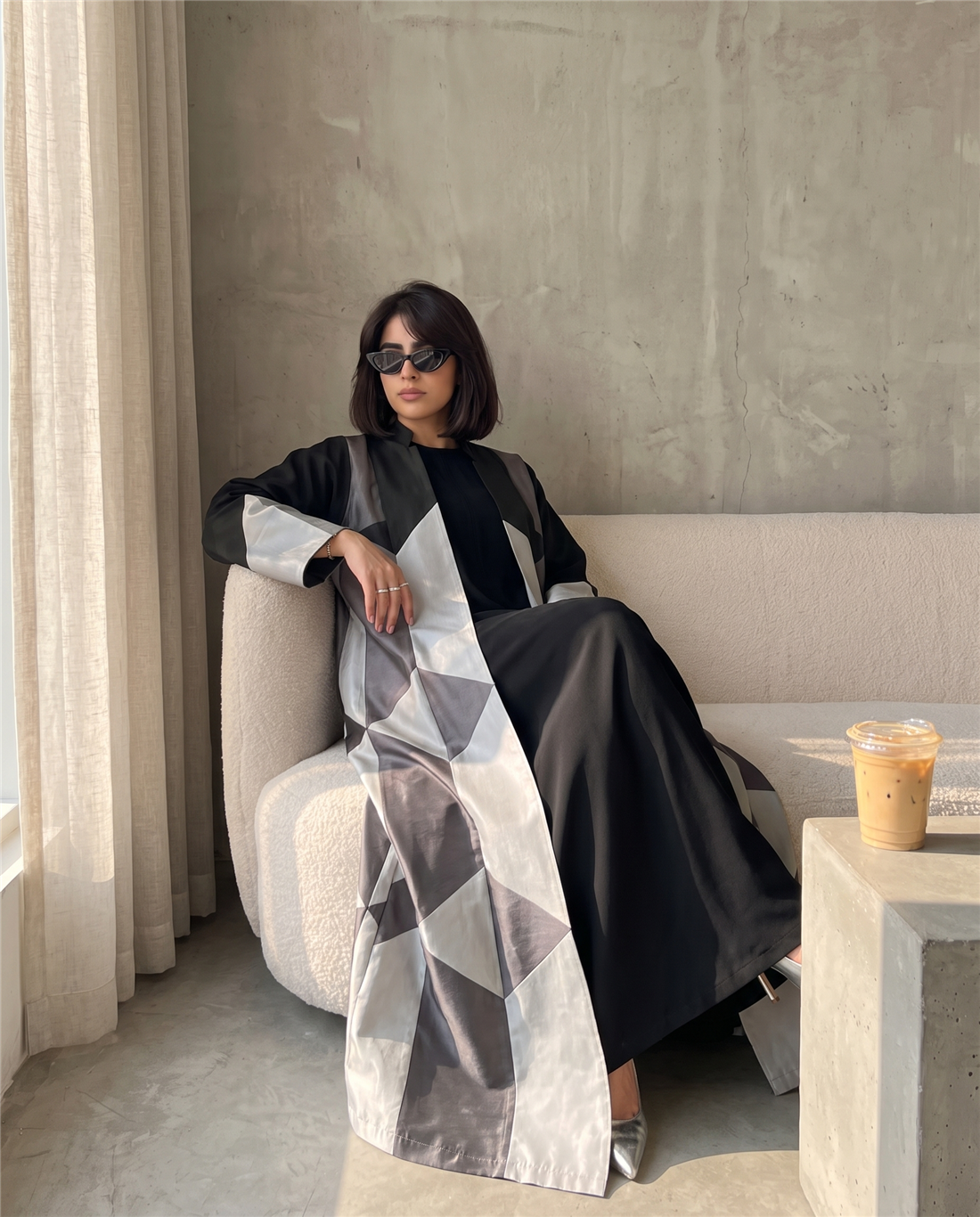 Geometric Color-Block Silver Abaya Taffeta