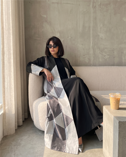 Geometric Color-Block Silver Abaya Taffeta