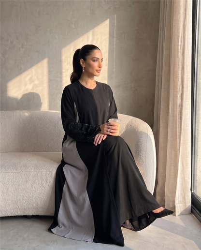 Two-Tone Black & Grey Abaya with Lace Sleeve Detailing