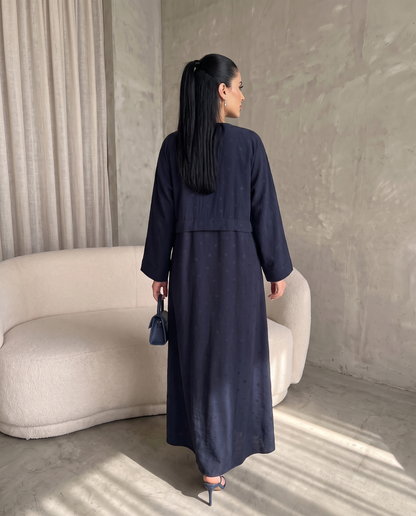 Navy Blue Polka Dot Abaya with Oversized Collar