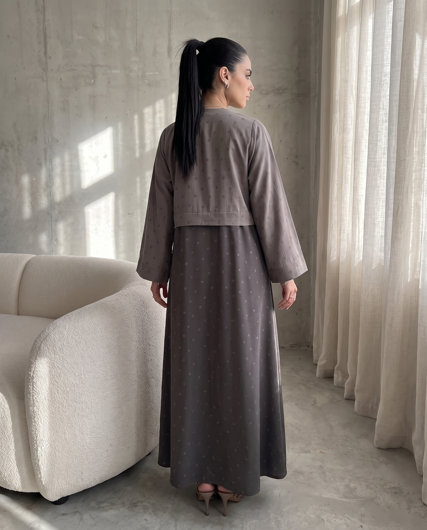 Flow Gray Polka Dot Abaya with Oversized Collar