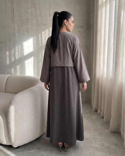 Flow Gray Polka Dot Abaya with Oversized Collar