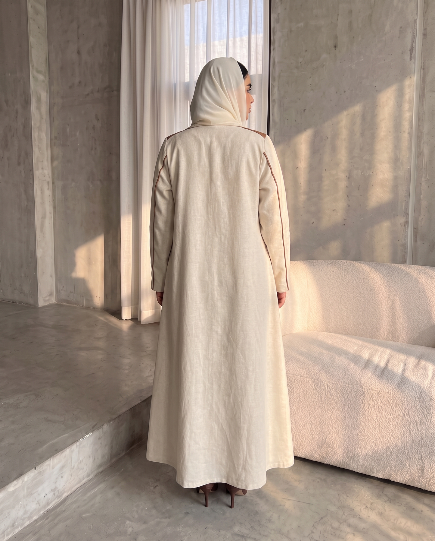 Contrast Lapel Linen Abaya with Elegant Embellished Detail