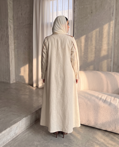 Contrast Lapel Linen Abaya with Elegant Embellished Detail