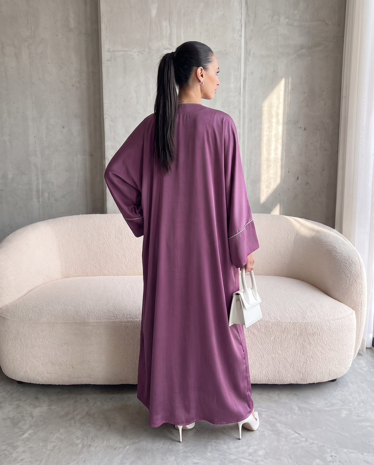 Elegant Purple Open Abaya Set Vertical Detailing With Matching Inner Dress