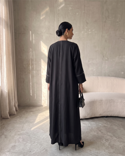 Stitch-Detail Black Abaya with Front Button Accents