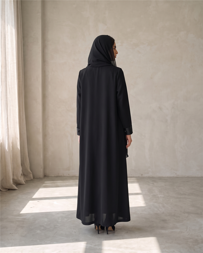 Tailored Open Abaya with Beaded Embroidery and Structured Collar