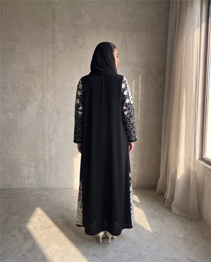 Geometric Lace Detail Abaya with Contrast Sleeve Design