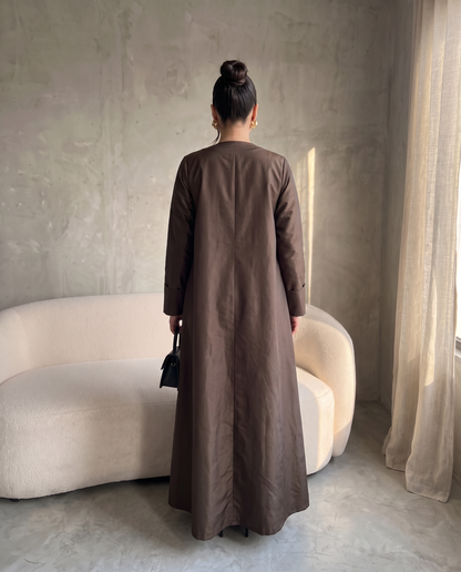 Taffeta Abaya with Embroidered Brown Contrast Front Panel & Tassel Detail