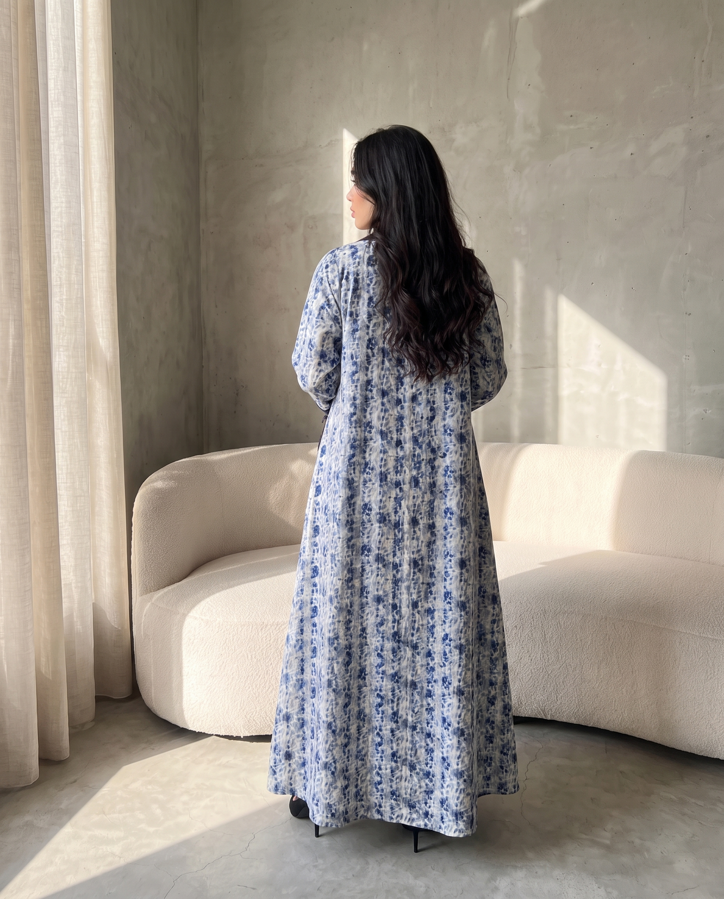 Blue Printed Shawl Collar Abaya with Contemporary Flow