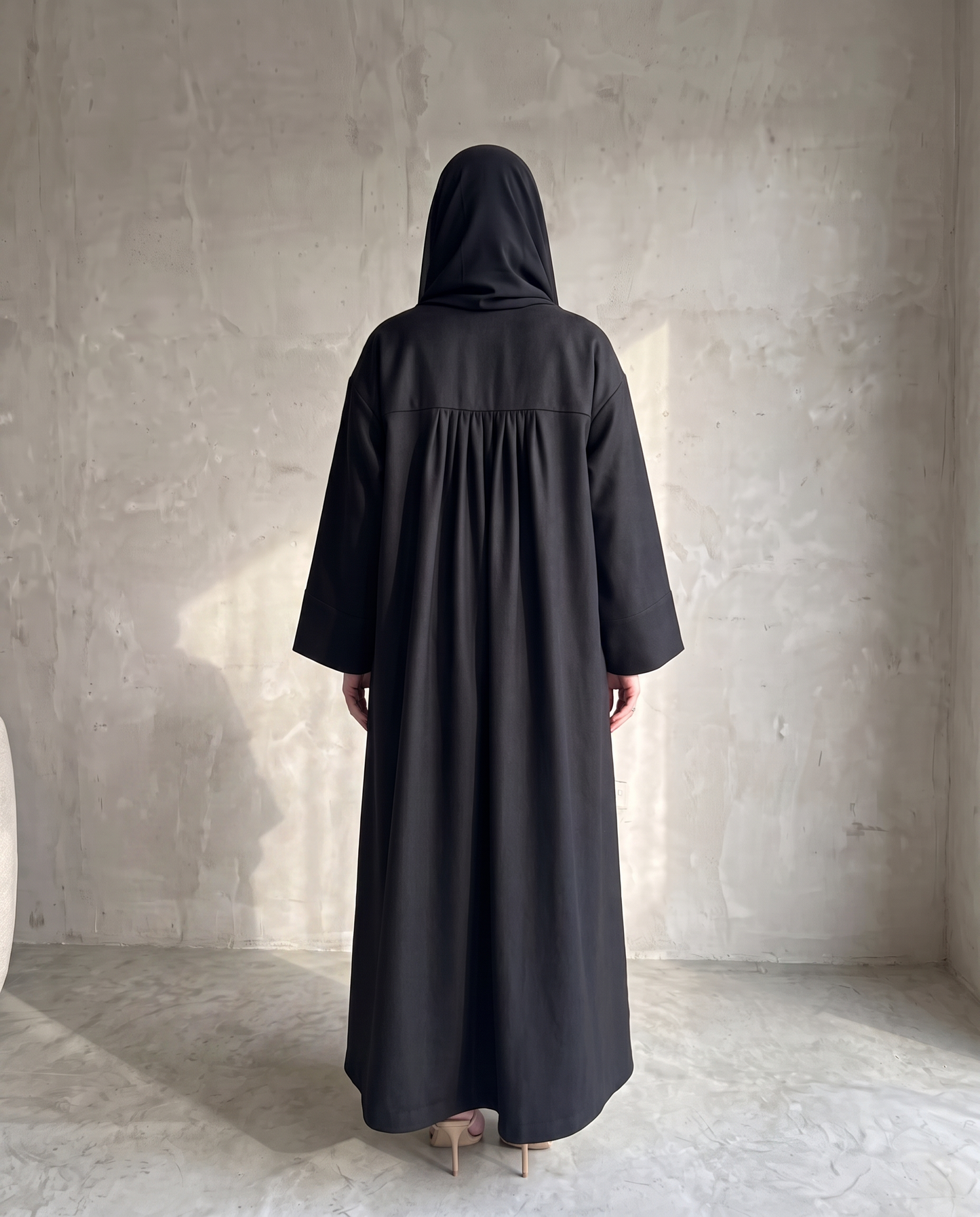 Minimalist Structured Black Abaya with Wide Sleeves & Clean Panel Detailing