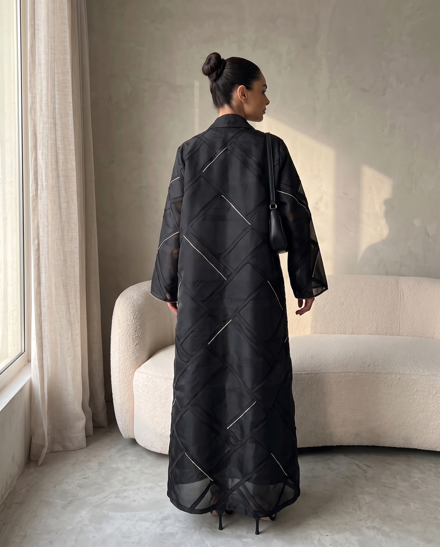 Modern Geometric Panel Abaya with Structured Lapel Design