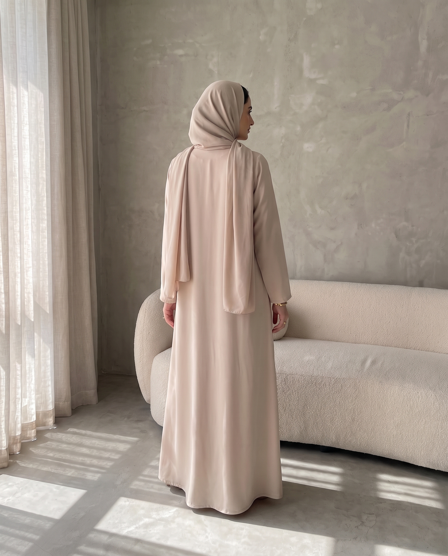 Beige Crepe Abaya Closed front with Contrast Piping