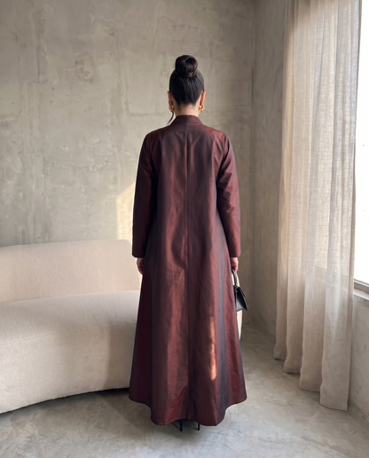 Taffeta Abaya with Embroidered Red Contrast Front Panel & Tassel Detail