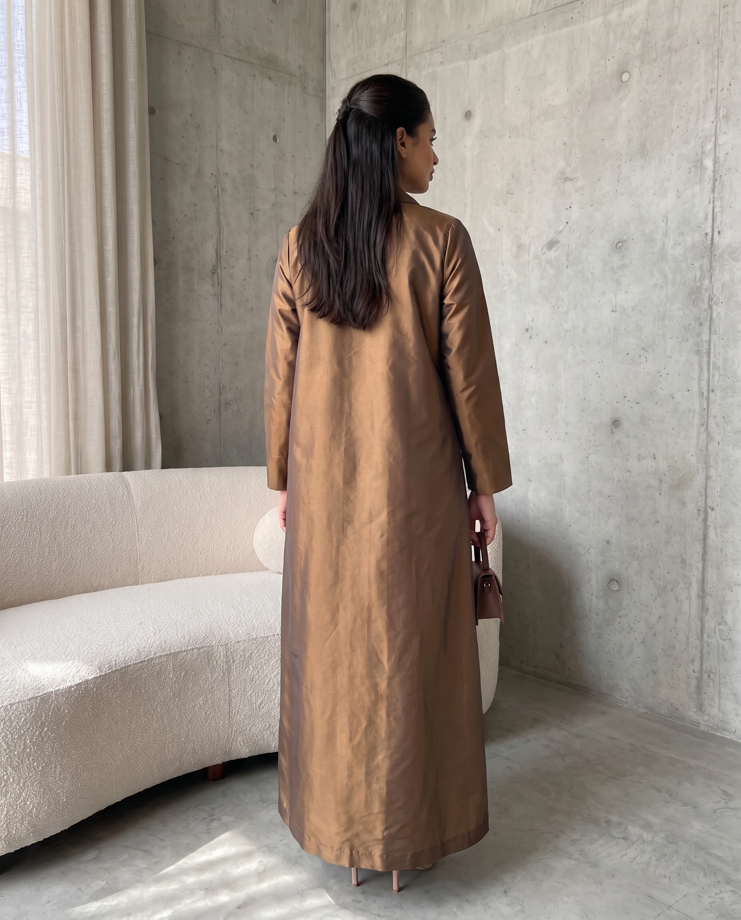 Bronze Taffeta Abaya with Hand-Embroidered Lotus Garden Hem
