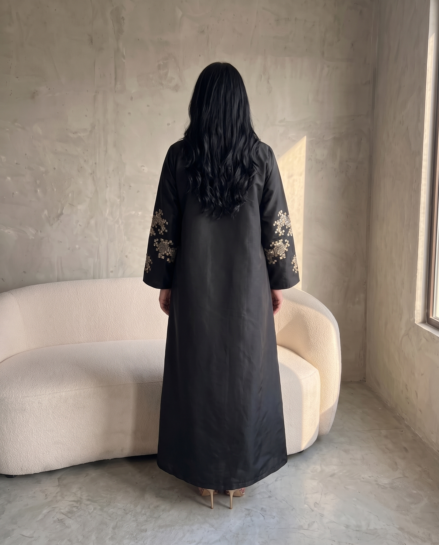 Embroidered Black Taffeta Abaya with Mosaic Floral Detailing