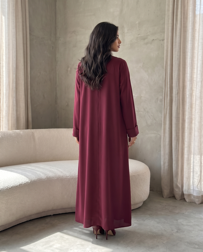 Elegant Maroon Abaya with Structured Front Panel Button Design