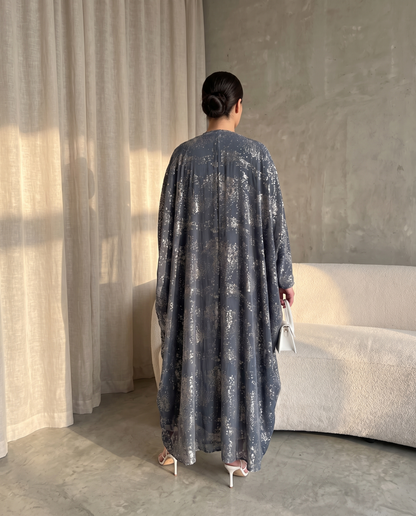 Midnight Mist Printed Flow Silver Abaya