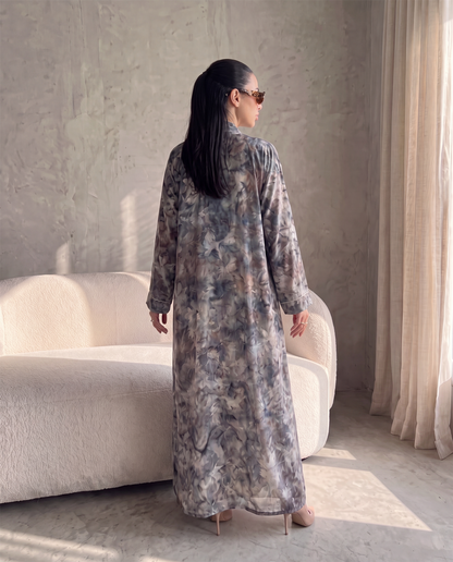 Gray Garden Floral Printed Lightweight Open Abaya