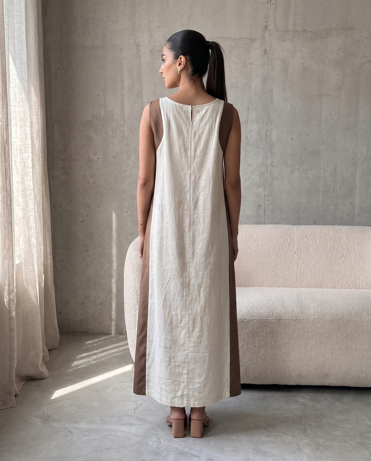 Ivory Linen Inner Dress with Mocha Side Panels
