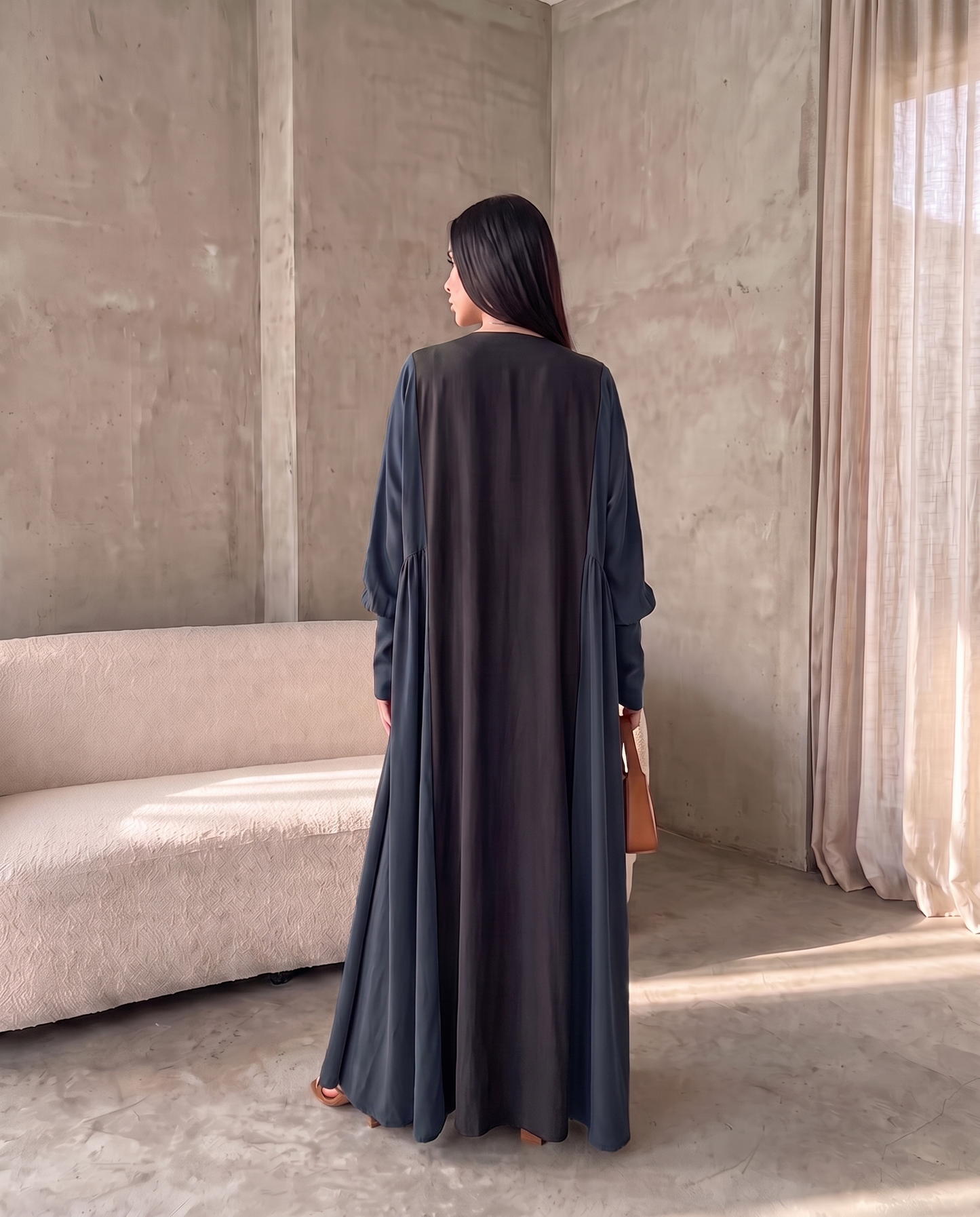 Minimal Hooded Open Abaya with Fluid Drape Dark Navy and Relaxed Silhouette