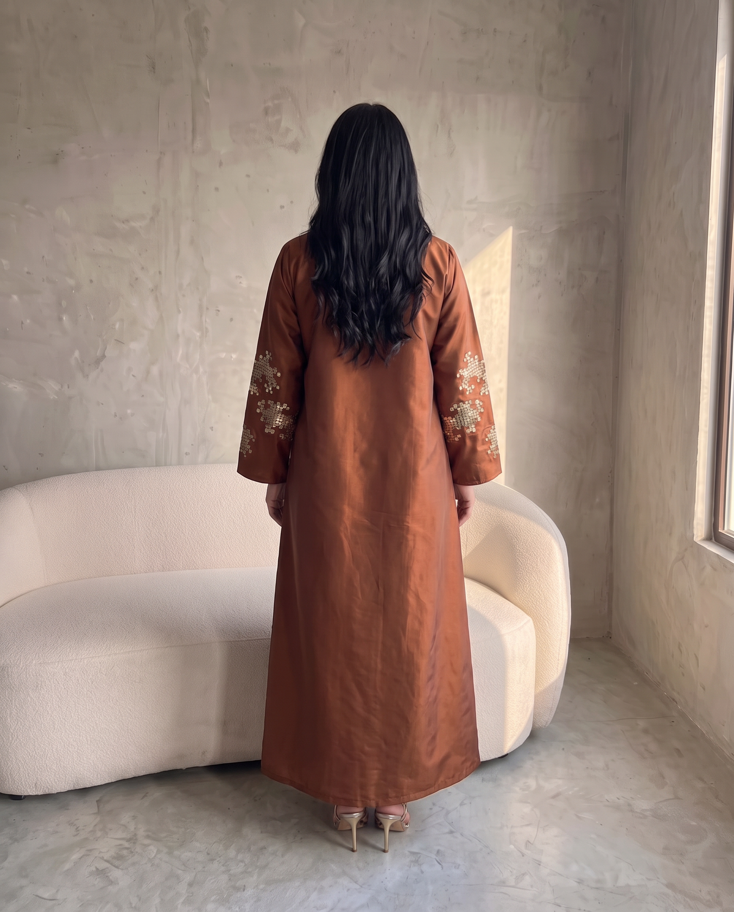 Embroidered Taffeta Copper Abaya with Mosaic Floral Detailing