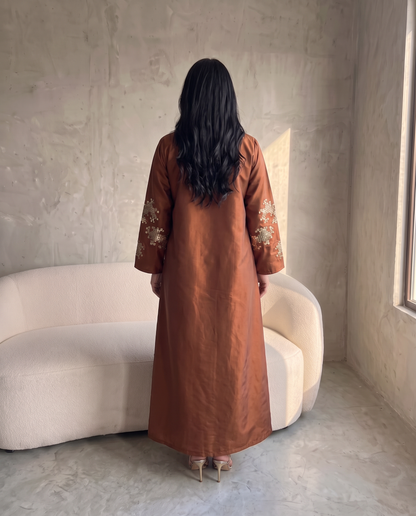 Embroidered Taffeta Copper Abaya with Mosaic Floral Detailing