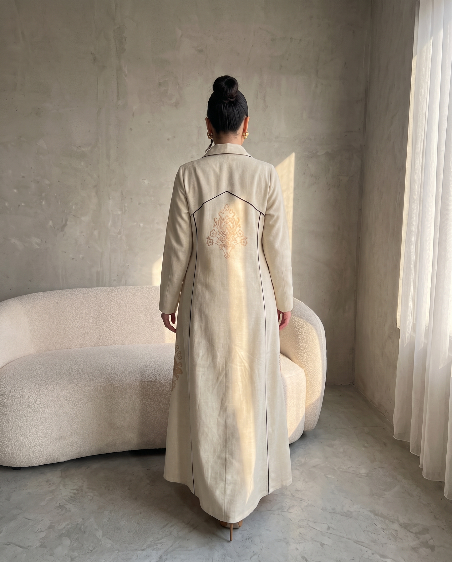 Tailored Embroidered Abaya with Structured Shawl Collar