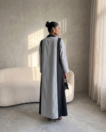 Monochrome Tuxedo-Panel Abaya in Structured Taffeta