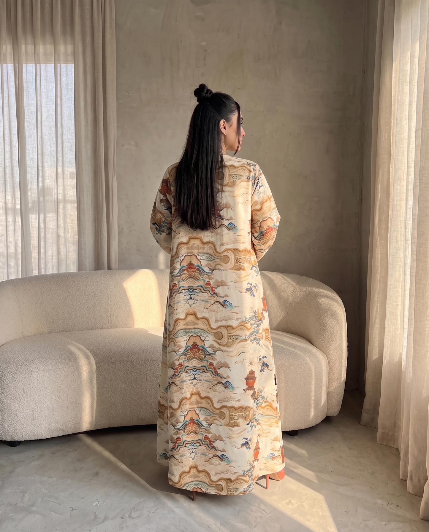 عباية كتان مخططة مع تفاصيل حواف متباينة (نسخة)