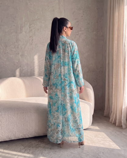 Aqua Garden Floral Printed Lightweight Open Abaya